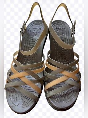 CROCS Women’s Strappy Wedge Sandals Taupe/Tan size 9 wide very good gently worn